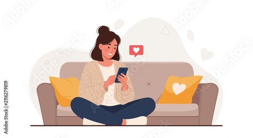 Woman Relaxing on Sofa with Smartphone, Receiving Likes and Notifications - Modern Flat Illustration