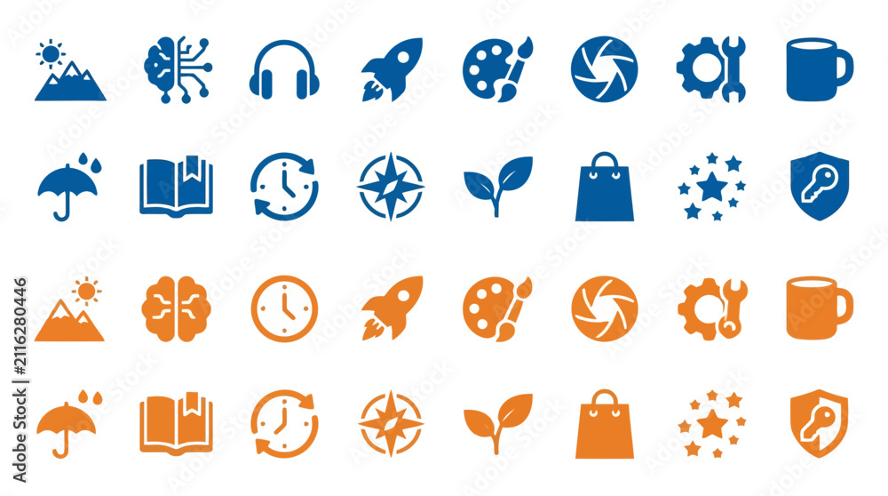 Fototapeta premium Diverse set of business and creative icons in solid blue and orange color variants.
