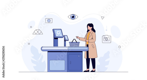 Woman using self-checkout machine at supermarket, modern illustration style