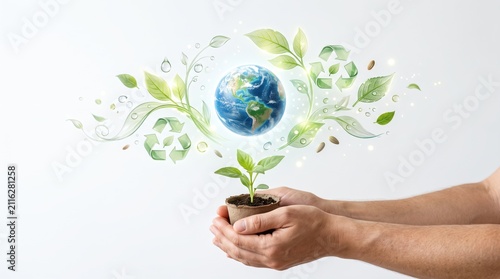 Hands holding small plant pot with earth globe and recycling symbols, environmental protection, sustainability and ecology, green energy, climate change awareness