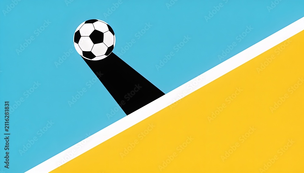 Obraz premium Sitting black-white soccer ball casting shadow on teal, white stripe and yellow plane, copy space