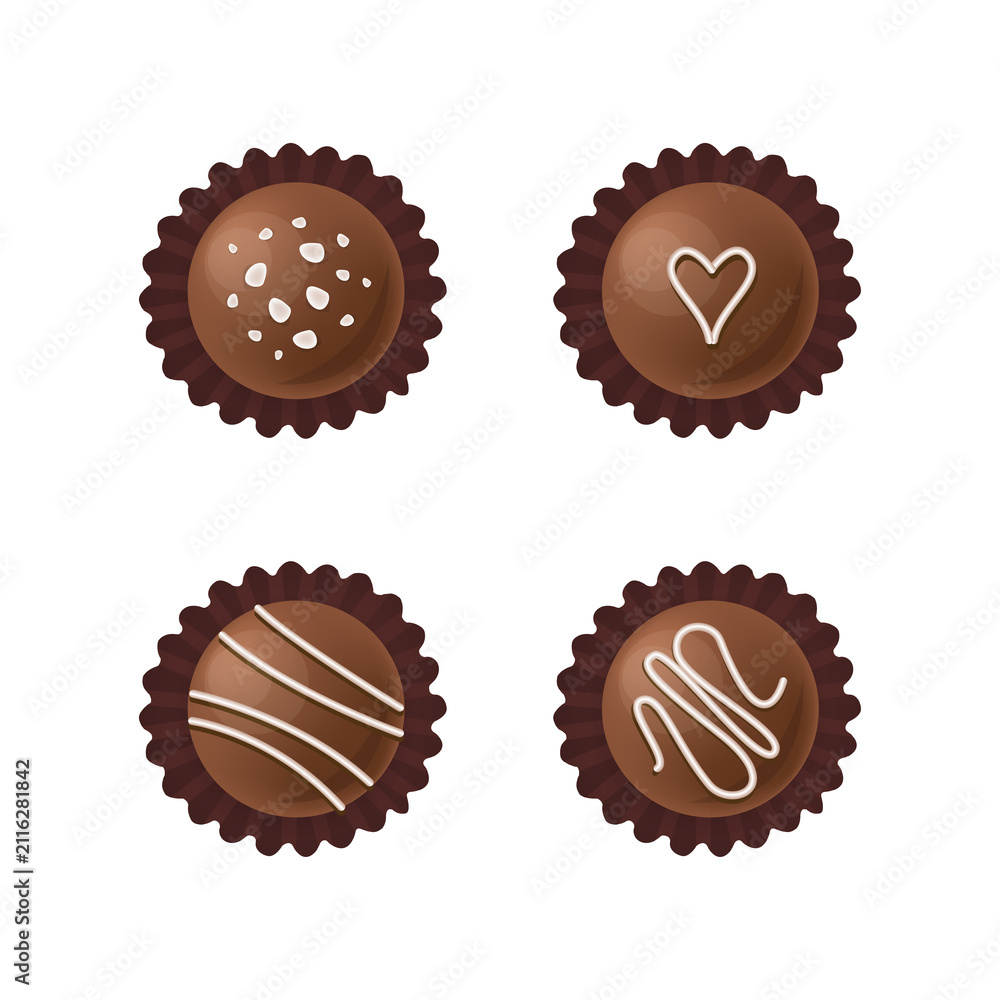Fototapeta premium Chocolate truffles with various designs on transparent background