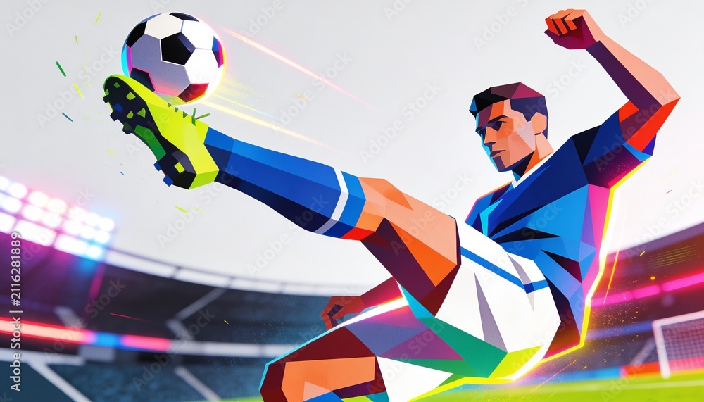 Fototapeta premium Kicking soccer player striking soccer ball in stadium in blue jersey white shorts neon green cleats