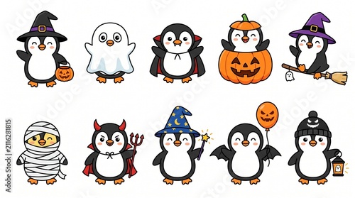 Cute Halloween Penguin Character Set in Costumes Vector Illustration