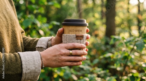 Hands holding sustainable bamboo coffee cup with knitted sleeve in autumn forest, eco-friendly lifestyle, warm drink outdoors, nature, organic reusable travel mug for hot beverage