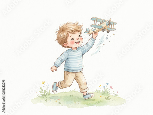 Cute watercolor illustration of a happy little boy running with a toy airplane. Childhood imagination, aviation dream, outdoor play, creativity, freedom and playful adventure concept.