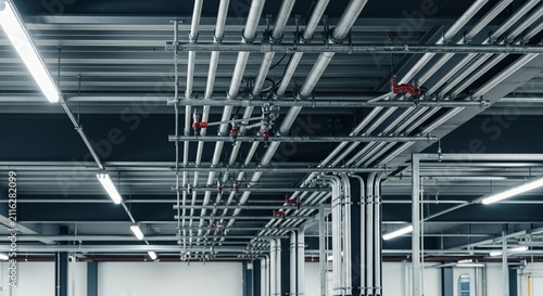 Intricate industrial overhead pipe network systems installed within a modern building's ceiling infrastructure