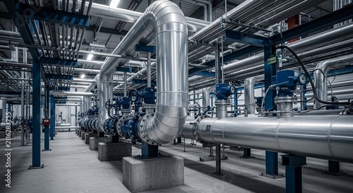 Intricate network of large industrial pipes and valves within a manufacturing plant, showcasing complex machinery and infrastructure for production processes.