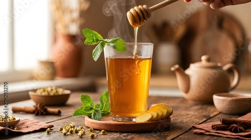 Glass Cup of Hot Herbal Tea with Fresh Mint Leaves and Golden Honey Drizzle on a Rustic Wooden Kitchen Table