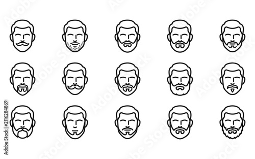 Set of male face icons featuring various beard styles and mustache designs in a clean minimalist line art vector illustration style