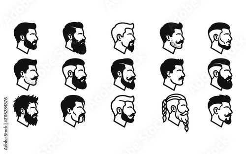 A collection of various male head silhouettes featuring different beard styles hairstyles and facial hair designs in a flat black icon style