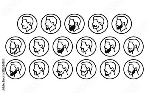 A collection of various male beard and mustache styles shown in circular icons for barbershop grooming and facial hair design inspiration