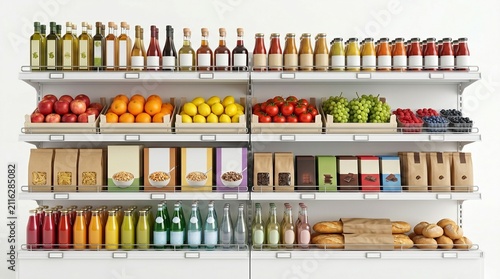 Abundant grocery store shelves filled with a wide variety of food and beverage products, showcasing a diverse selection of fresh produce, packaged goods, and baked items