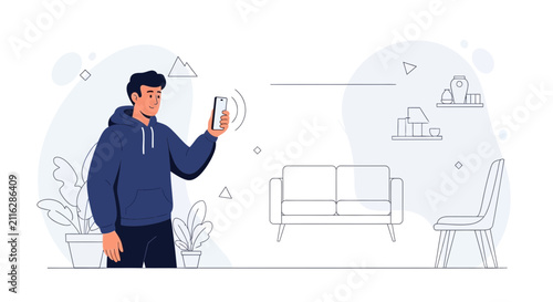 Man using smartphone to control smart home devices in a modern living room with minimalist furniture and plants