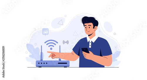 Man Setting Up WiFi Router with Smartphone, Digital Connection and Network Concept Illustration