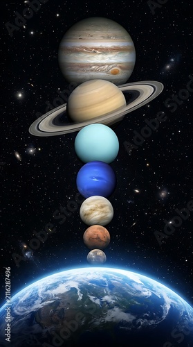 Detailed digital art depicting planets lined up vertically above planet Earth against a starry universe backdrop.