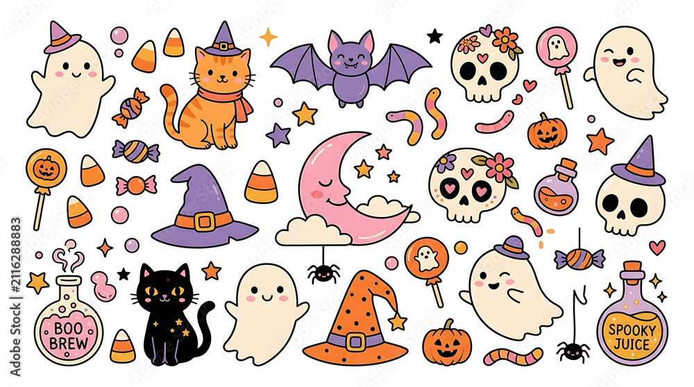 Obraz premium Hand drawn cute halloween sticker collection with skulls cats and ghosts