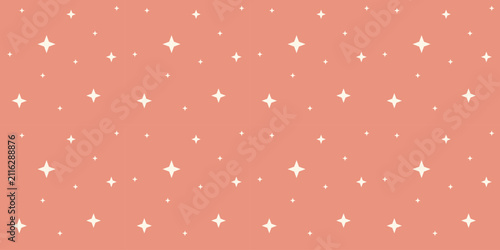 Vintage seamless vector pattern with cream stars and sparkles on a coral background.