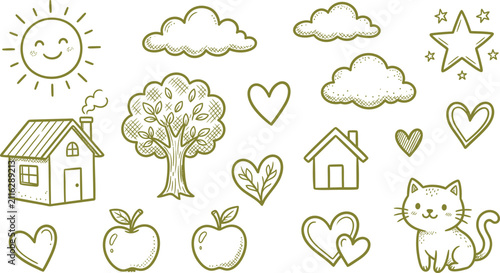 Collection of hand drawn doodle icons featuring a charming artistic style and a simple black silhouette