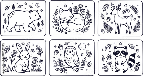 Collection of six decorative panels featuring various woodland animals in a detailed artistic black and white silhouette