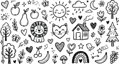 Collection of hand drawn doodle icons featuring nature and everyday objects in a black silhouette