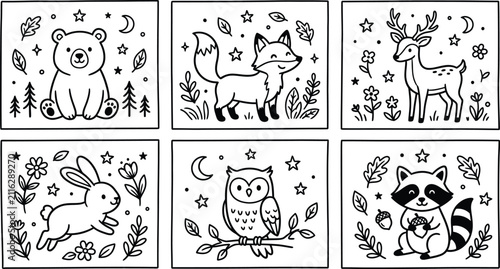 Set of six cute woodland animal illustrations featuring a decorative black and white artistic style silhouette