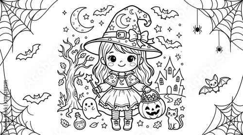 Black and white coloring page featuring a cute little witch in a festive halloween themed silhouette