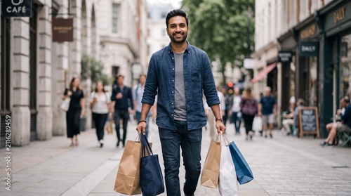 Happy man walking down a city street with shopping bags