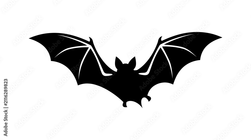 Fototapeta premium Flying bat silhouette with outstretched wings and a visible body is depicted in black against a clean white background, suitable for Halloween imagery or nature-themed designs.