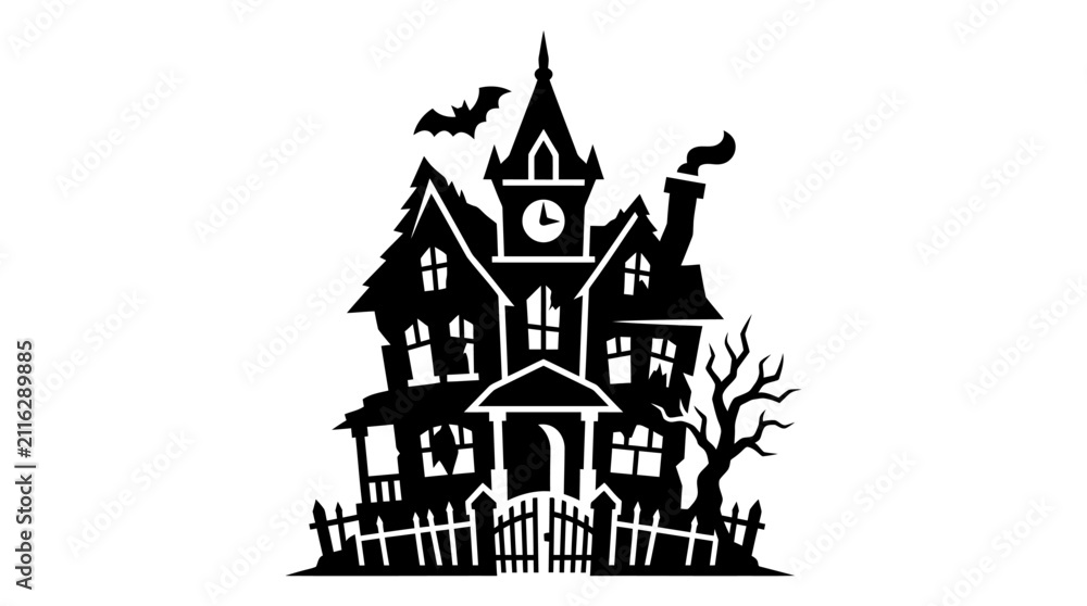 Fototapeta premium Haunted house illustration, depicted in black silhouette with a bat flying overhead, features a spooky architectural design.