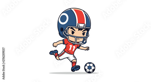 Cute chibi American football player illustration wearing a red number eleven jersey and blue helmet while kicking a soccer ball, stylized vector character mascot on white background.