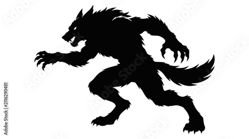 Obraz na płótnie Werewolf silhouette in a dynamic, aggressive pose, showcasing sharp claws, fangs, and a shaggy tail on a plain white backdrop