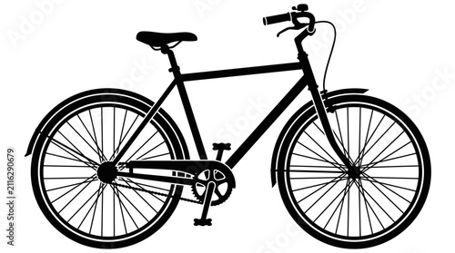 Foto A classic city bicycle with fenders and a bell is presented as a black silhouette against a clean white background