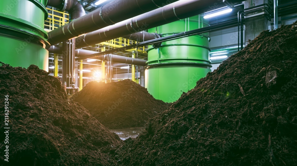 Obraz premium Organic compost piles within industrial facility processing green waste, emphasizing sustainable circular economy