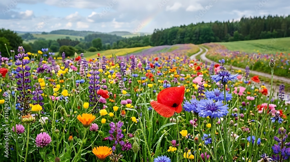 Obraz premium Vibrant Wildflower Meadow Landscape Under a Soft Summer Rainbow