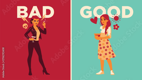 Картината върху платно Vector illustration of good versus bad female habits and behavior comparison wit