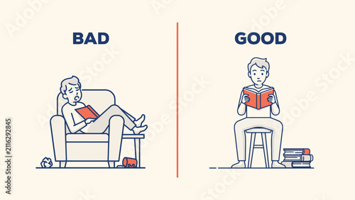 Konstfotografi Vector illustration of good versus bad reading habits comparison with education