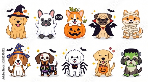 Cute Halloween Dog Character Set in Costumes Vector Illustration