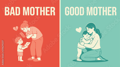 Cuadro en lienzo Vector illustration of good versus bad mother parenting styles comparison with p