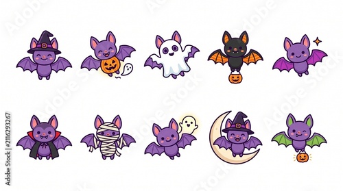 Cute Halloween Bat Character Set in Costumes Vector Illustration