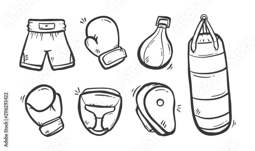 Boxing doodle set. Collection of Boxing training equipments hand drawn illustration. Wrestling sport gear vector elements. Scribble of boxing gloves, head guard, punch bag, speed ball, hook pad.