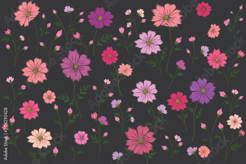 Konstfotografi Botanical Painterly Cosmos Floral Seamless Pattern, Collection No