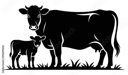 Cow And Calf Silhouette Against White Background Silhouette