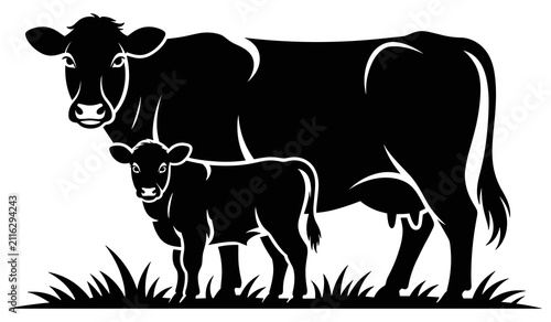 Cow And Calf Standing In Grass Black Silhouette