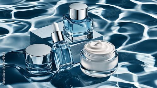 Skincare cosmetic mockup with serum bottles cream jar floating on rippling blue water, luxury minimalist packaging, hydration wellness beauty product presentation, copy space