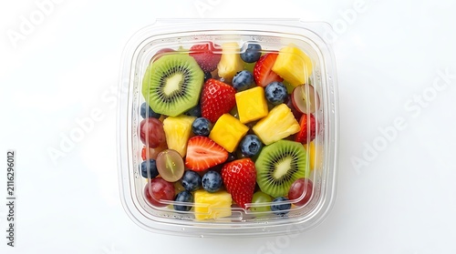 Fresh cut mixed fruit salad in a clear plastic container for healthy snacking. fruit salad containers