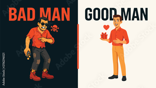 Принти на полотні Vector illustration of bad versus good man comparison with contrasting lifestyle