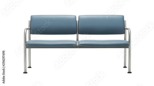 Blue waiting room bench isolated on white background for interiors with metal frame isolated displays blue vinyl vinyl two seater