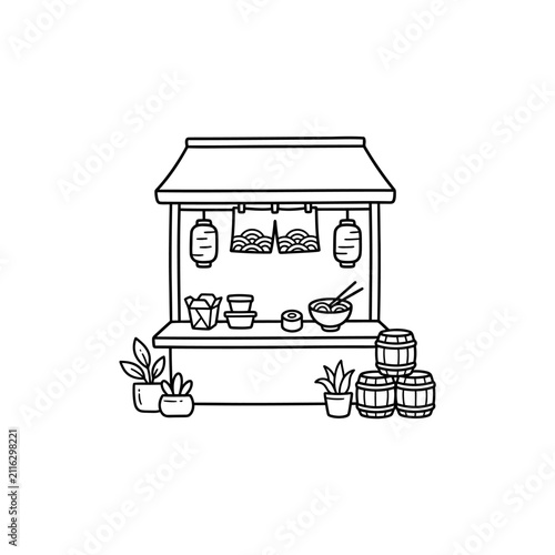 Traditional Japanese street food stall line art.