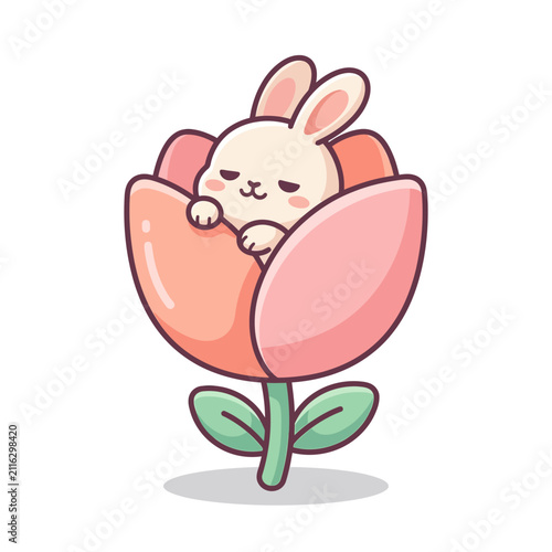 Tiny bunny peeking out from a pink tulip flower bud.